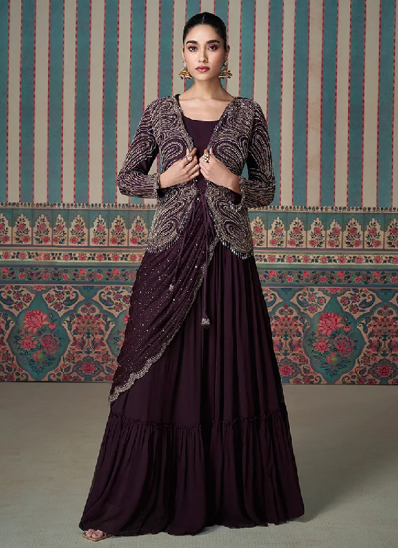 Savings Bonanza Deep Burgundy Embroidered Saree Gown with Jacket
