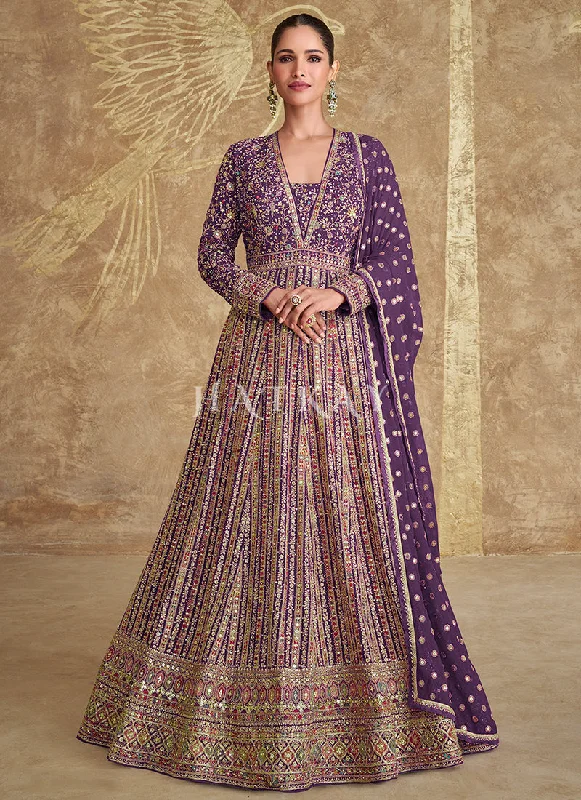 Amazing Deals Rich Purple Embroidery Festive Anarkali Gown Dress