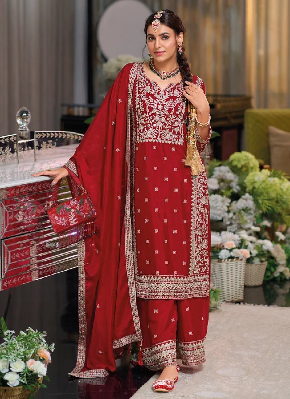 Super Bargain Bridal Red Traditional Embroidery Chinnon Palazzo Suit
