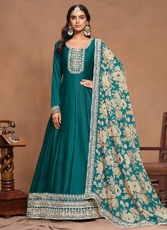Best Bargains Turquoise Embroidery Silk Anarkali Suit