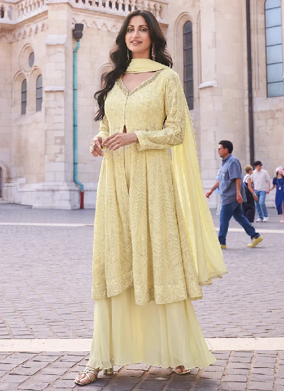 Limited Time Pastel Yellow Lucknowi Embroidery Slit Style Anarkali Suit