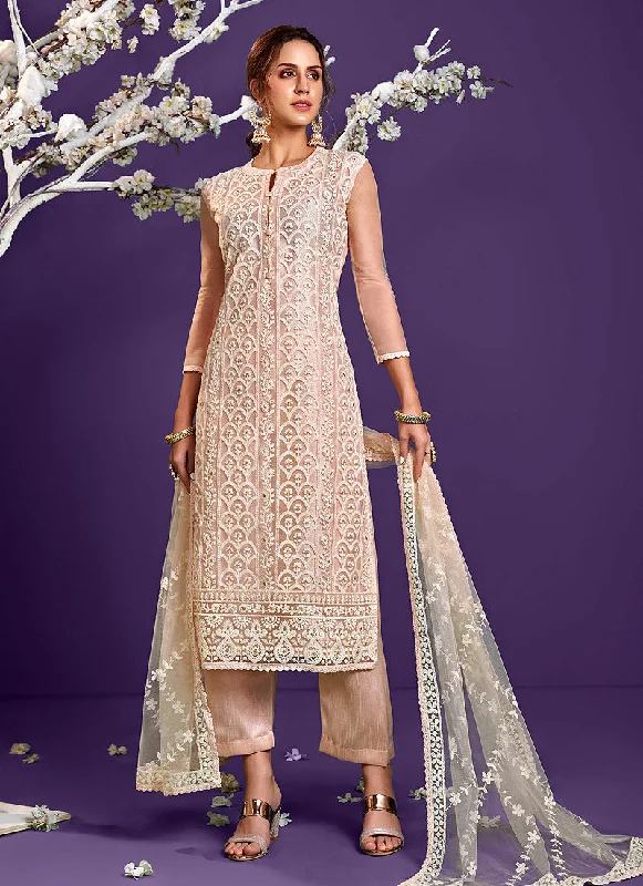Savings Galore Soft Pink Lucknowi Embroidery Designer Pant Style Suit