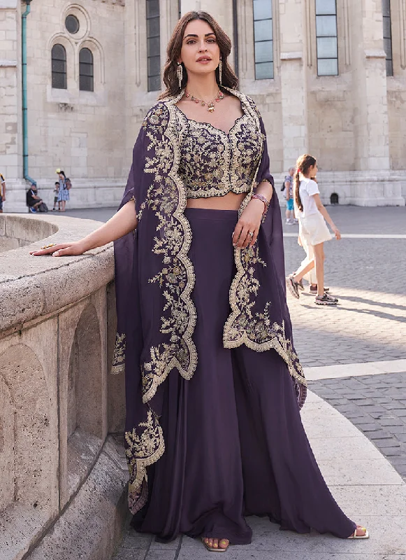 Midnight Sale Purple Embroidered Cape Style Designer Palazzo Suit