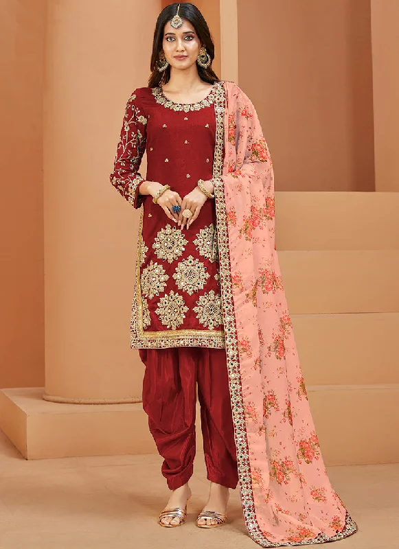 Shop and Save Bridal Red Embroidery Silk Festive Salwar Suit