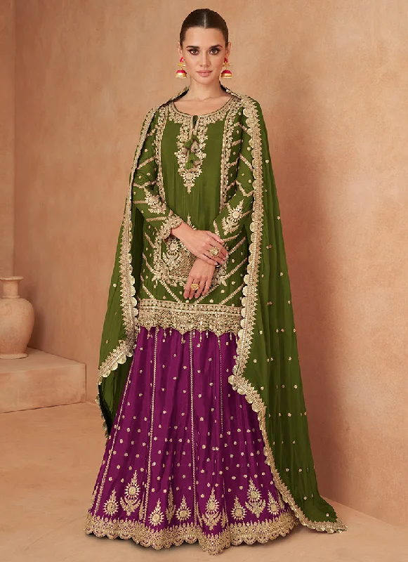 Doorbuster Deal Green And Purple Embroidered Wedding Lehenga Kurti