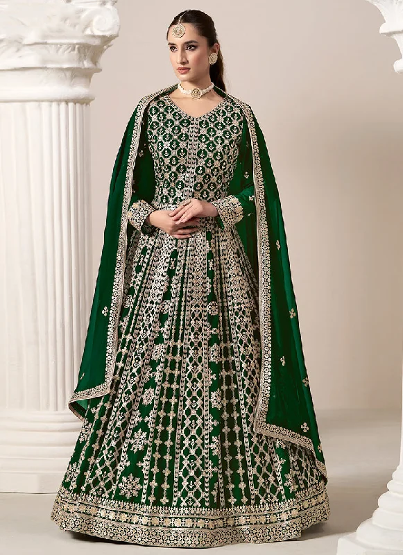 Super Bargain Dark Green Embroidery Georgette Anarkali Suit