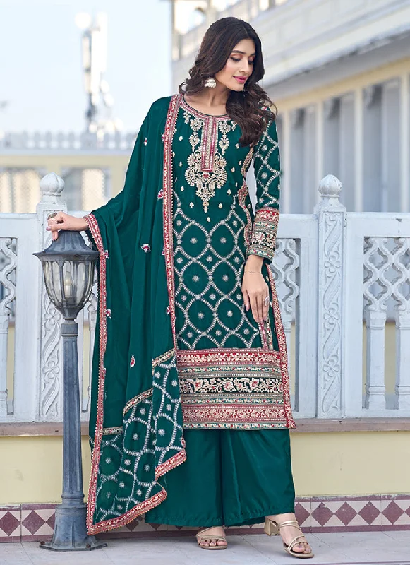 Don't Wait Dark Green Multi Thread Embroidery Palazzo Style Suit