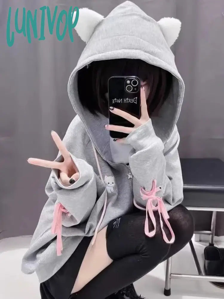 Lunivop Kawaii Cat Ears Zip Up Hoodies Women Sweet Girl Japanese Fashion Hooded Sweatshirts Cute Cartoon Embroidery Casual Tops