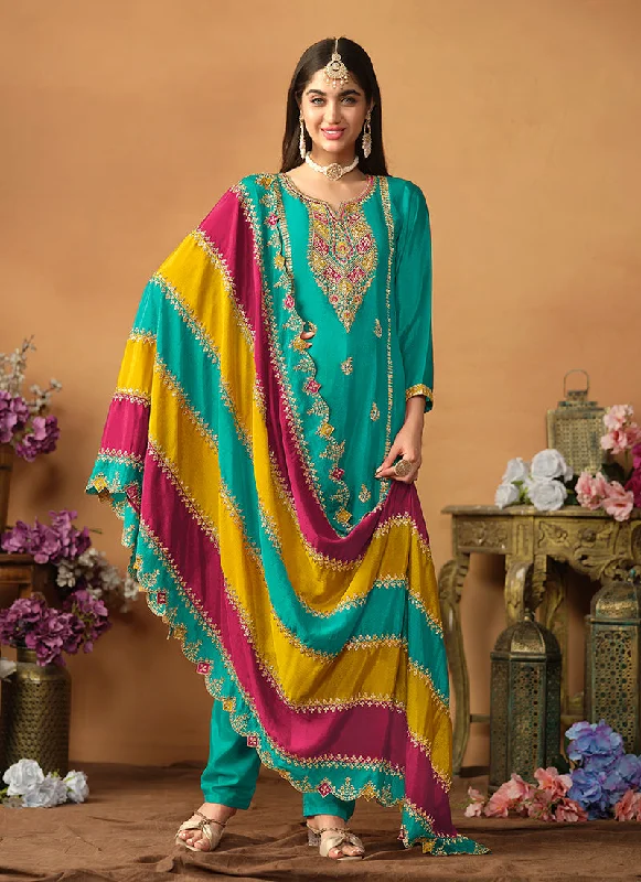 Inventory Reduction Teal Blue Multi Embroidery Traditional Pant Style Suit