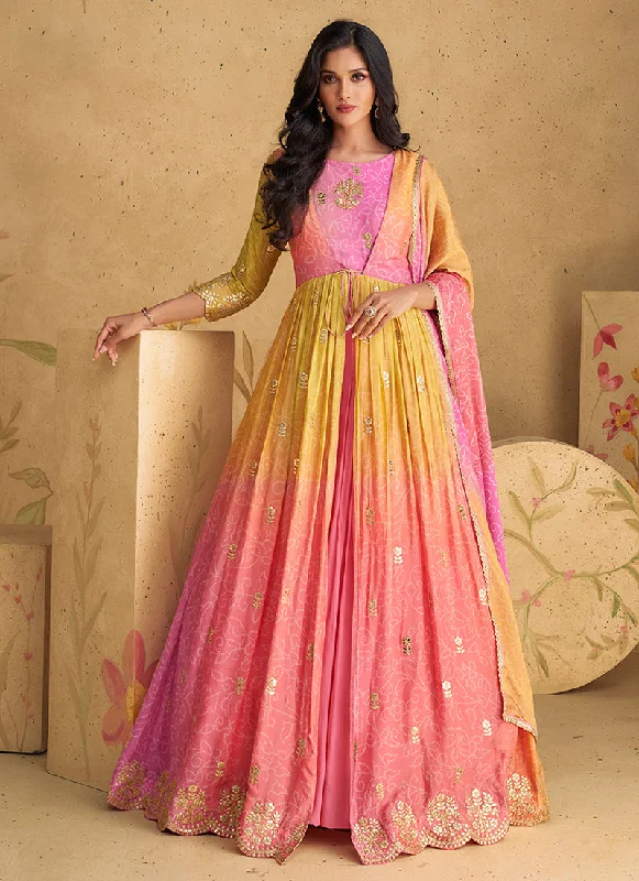 Today’s Deal Pink And Yellow Ombré Embroidered Jacket Style Anarkali Dress