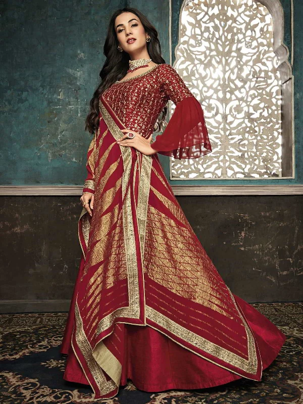 Instant Discount Red Rouge Golden Embroidered Designer Silk Anarkali Suit