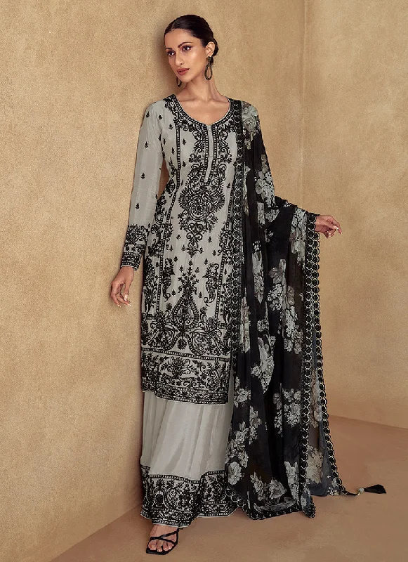 Price Rollback Deep Grey Thread Embroidery Traditional Palazzo Suit