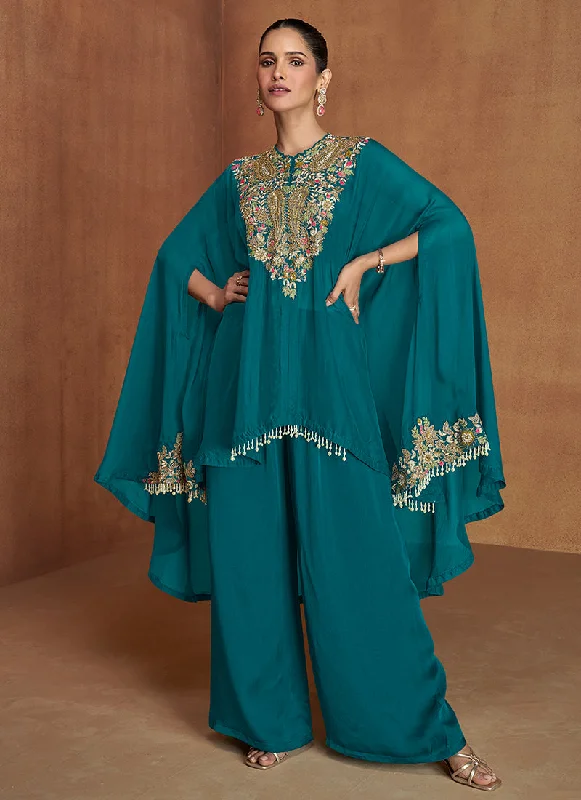 Great Deals Turquoise Multi Embroidery Poncho Style Pant Suit