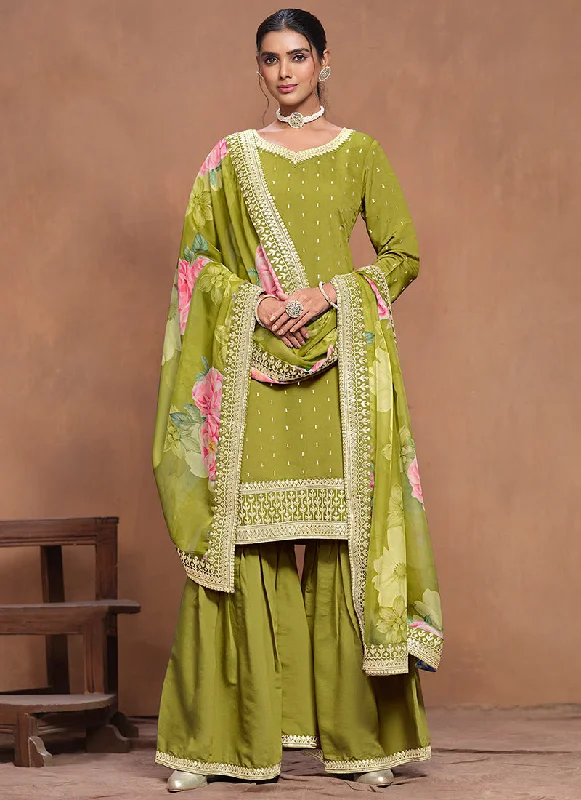 Savings Event Lime Green Embroidered Silk Gharara Suit