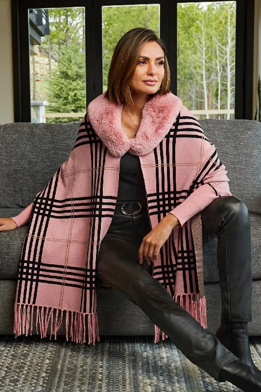 Midnight Madness Plaid Faux Fur Collar Poncho Pink Multi