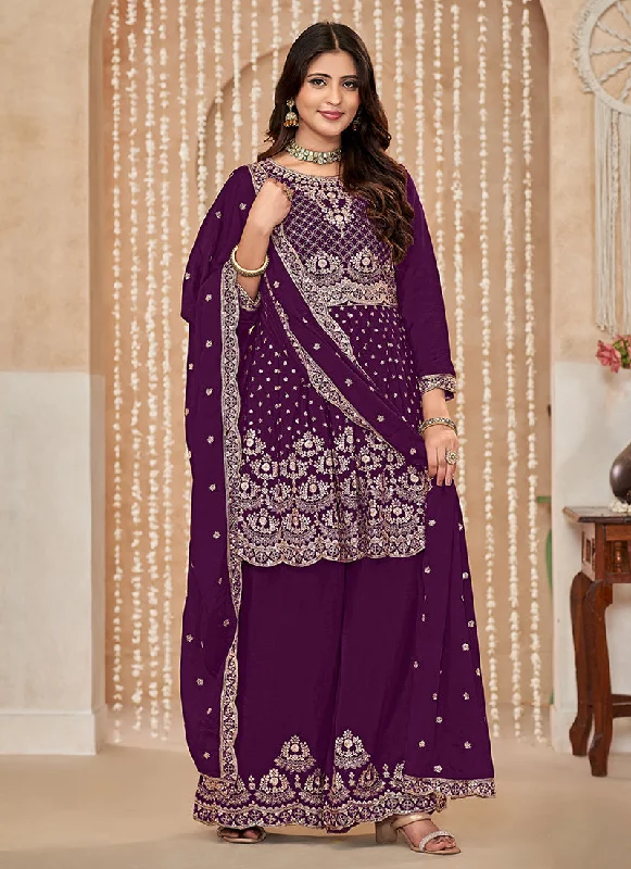Anniversary Sale Plum Purple Multi Embroidered Anarkali Gharara Suit