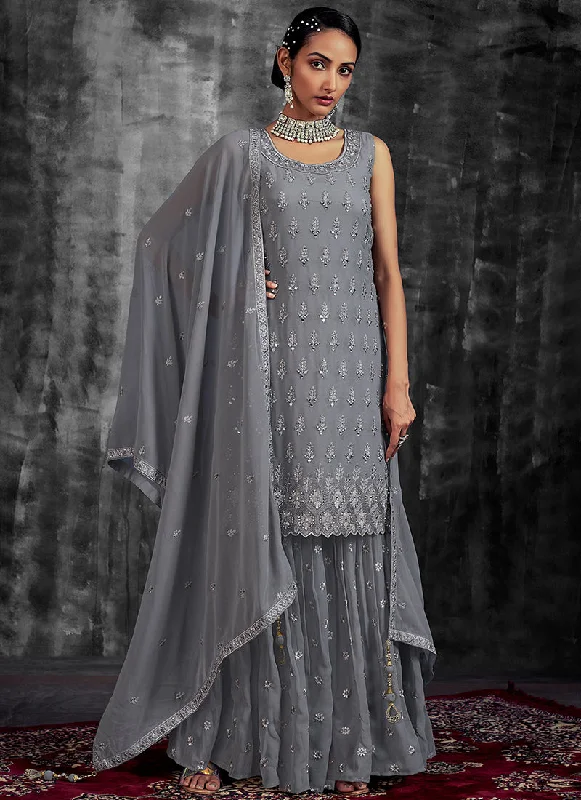 New Deals Grey Mirror Work Embroidery Georgette Gharara Suit