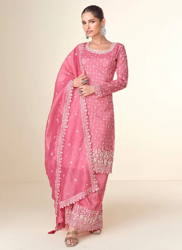 Stock Clearance Rich Pink Embroidery Party Wear Palazzo Suit