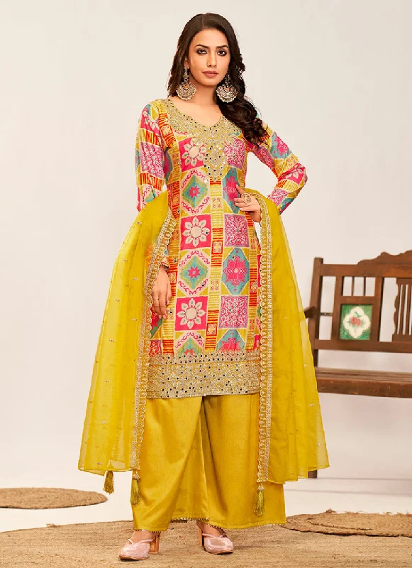 Big Discounts Yellow Multicoloured Embroidery Palazzo Style Suit