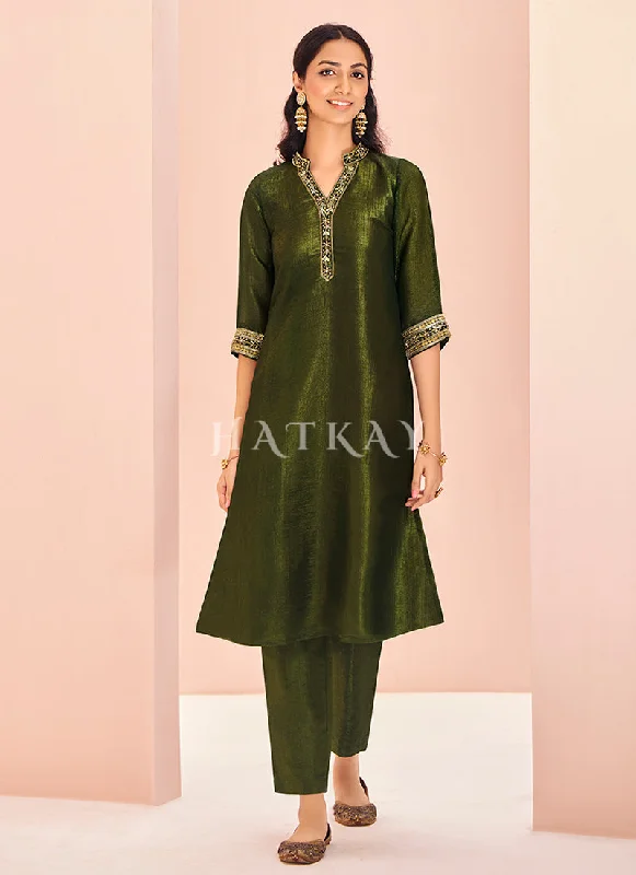 Early Bird Discount Olive Green Handwork Kurta And Pant Suit
