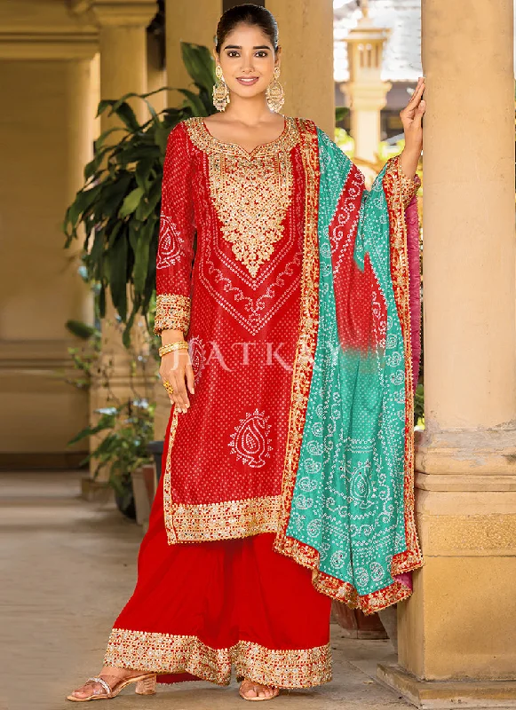 Closeout Sale Red And Blue Mirror Work Printed Palazzo Suit