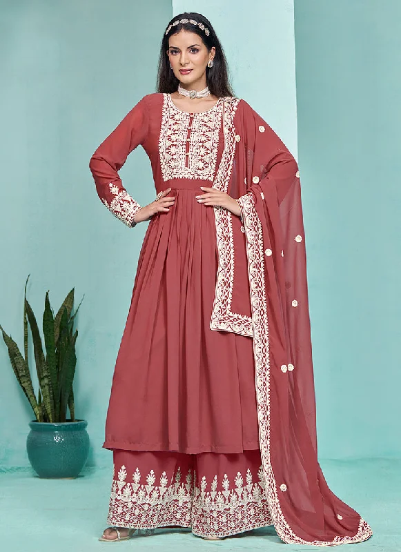 Deal Dash Rust Red Thread Embroidery Pleated Anarkali Palazzo Suit