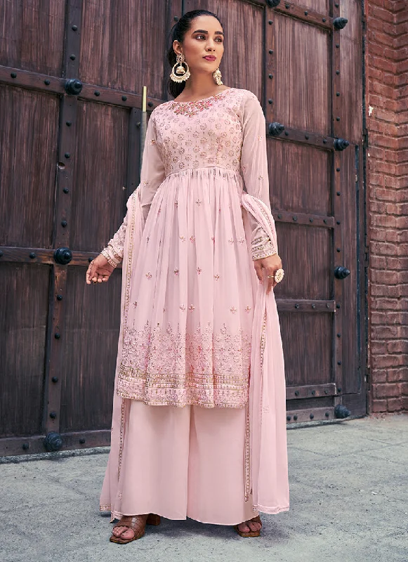 Can't Miss Pink Sequence And Thread Embroidery Anarkali Palazzo Suit