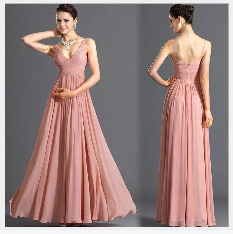 Clearance Items V-neck Backless Solid Spaghetti Strap Chiffon Long Bridesmaid Dress