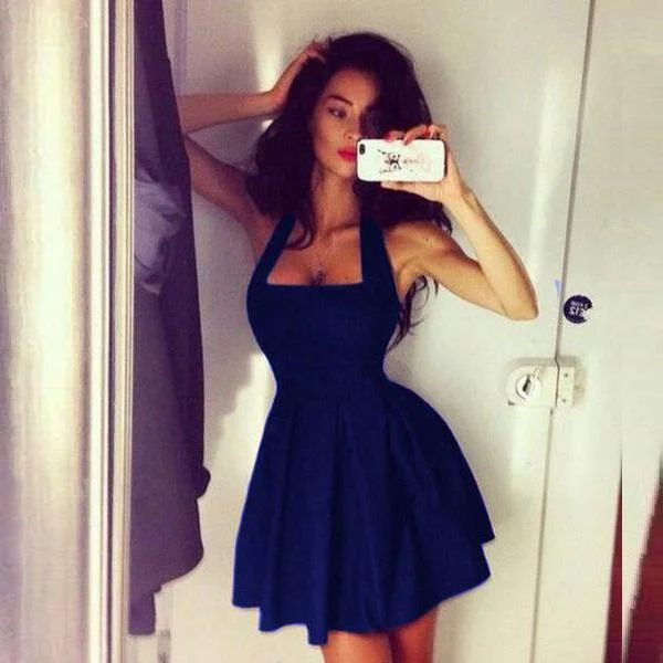 Savings Alert Square Neck Solid Halter Sleeveless Backless Slim Mini Dress
