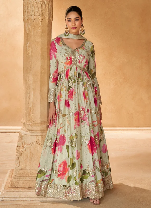 Can't Be Beat Beige Floral Print Embroidered Anarkali Gown