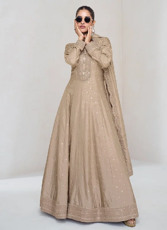 Overstock Beige Sequence Embroidery Wedding Anarkali Gown