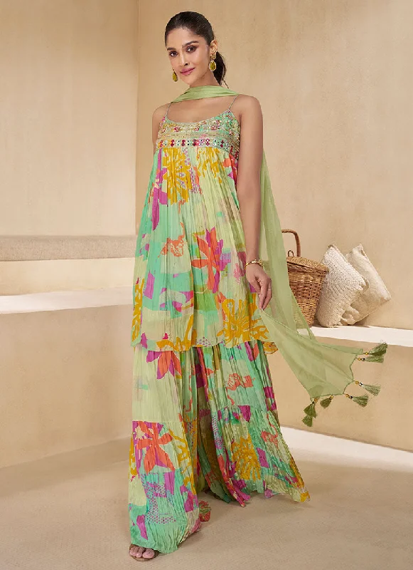 Online Specials Green Multicoloured Embroidery Sharara Style Suit