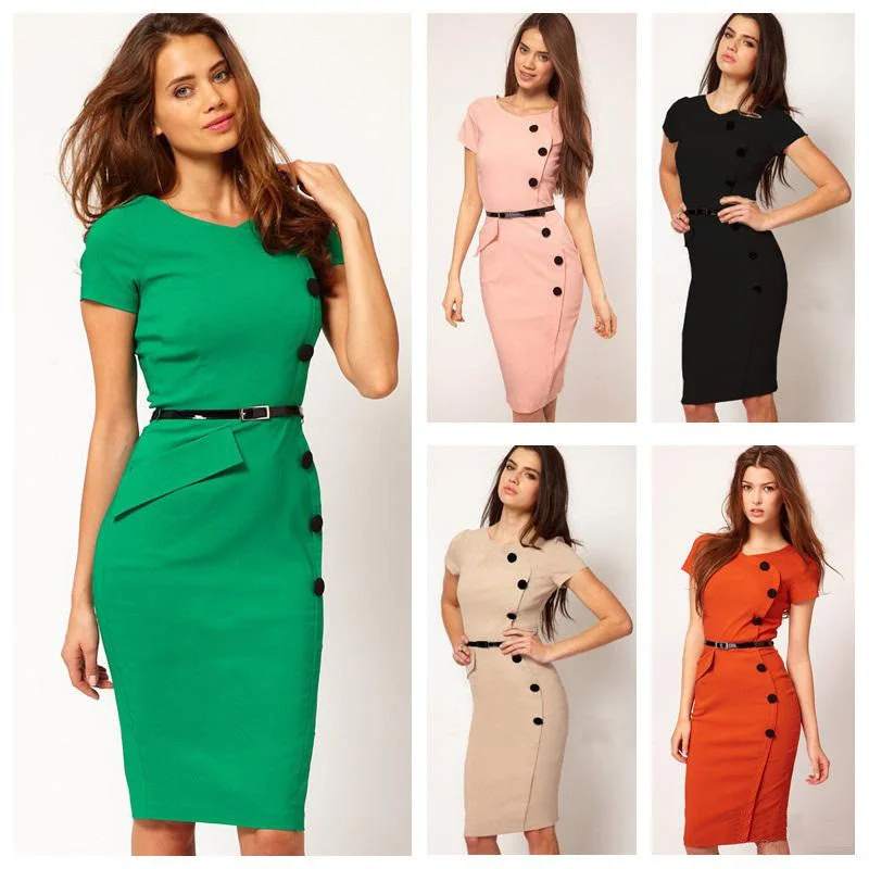 Daily Deals O-neck Pure Color Short Sleeve Knee-length Work Dress