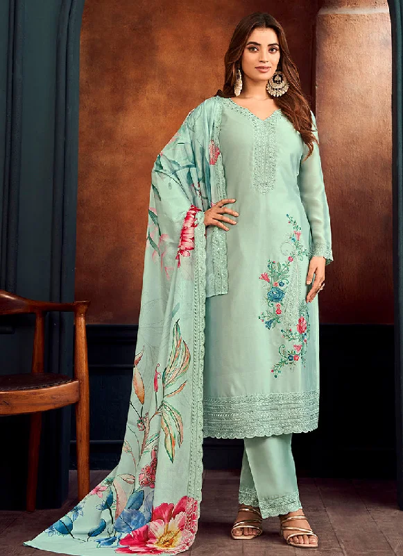 Stock Up and Save Green Thread Work Embroidery Pant Style Suit