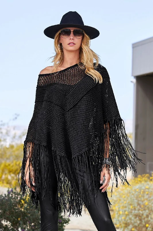 Extra Savings Faux Suede Fringe Poncho Black