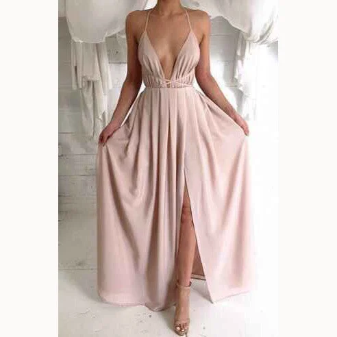 Don't Wait Spaghetti V-neck Backless Solid Color Long Dress