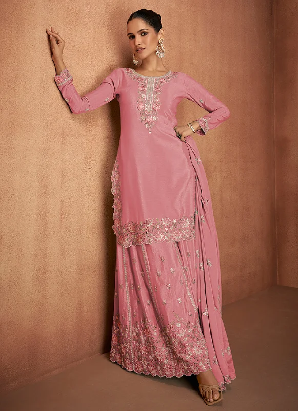 Time-Limited Offer Pink Multi Embroidery Party Wear Sharara Suit