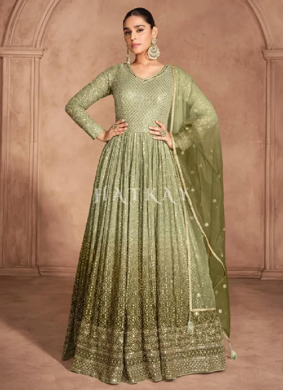 Bargain Blast Olive Green Ombré Embroidery Anarkali Dress