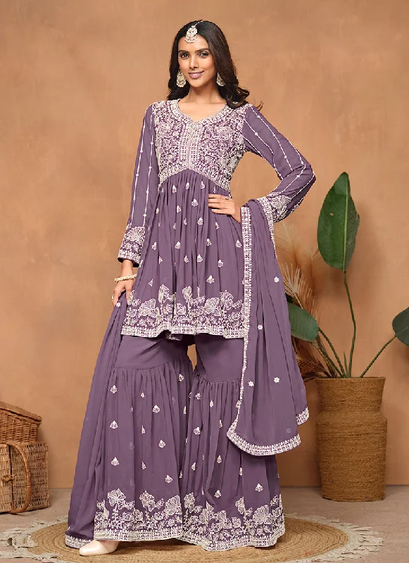 Price Reduction Purple Thread Embroidery Georgette Gharara Suit