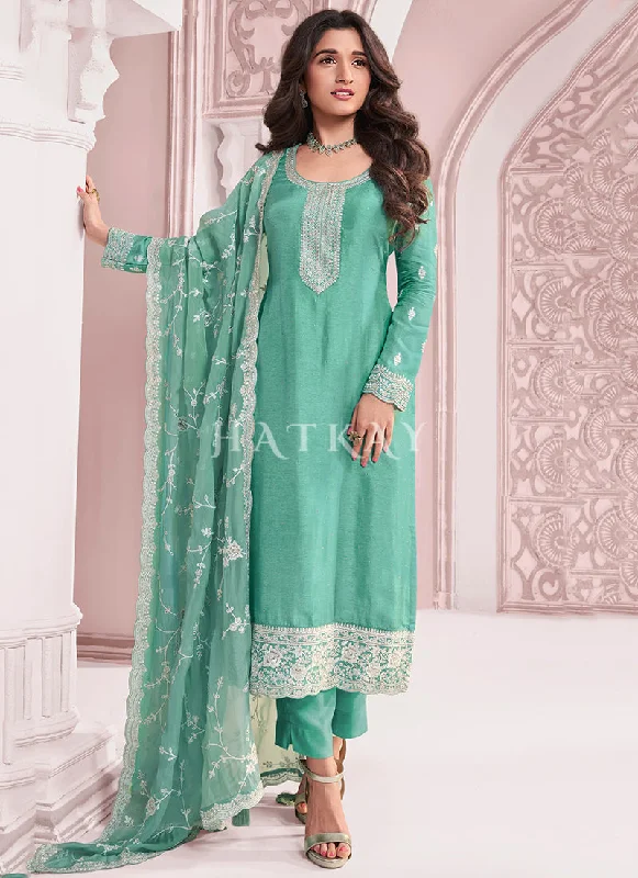 YEAR-End Clearance Sea Green Thread Embroidery Pakistani Suit