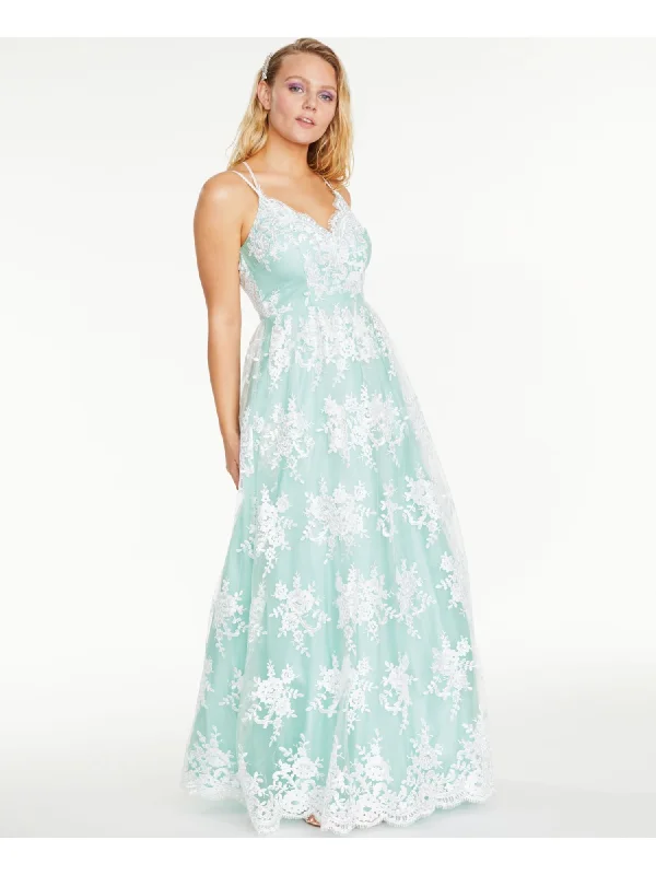 Can't Miss SAY YES TO THE PROM Womens Sheer Patterned Spaghetti Strap V Neck Full-Length Prom Fit + Flare Dress Can't Miss SAY YES TO THE PROM Womens Sheer Patterned Spaghetti Strap V Neck Full-Length Prom Fit + Flare Dress