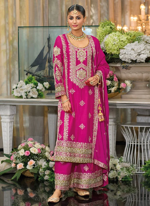 YEAR-End Clearance Rani Pink Traditional Embroidery Chinnon Palazzo Suit