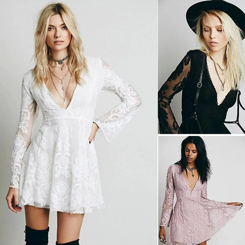 Buy Now Slim V-neck Lace Long Sleeve Short Dress