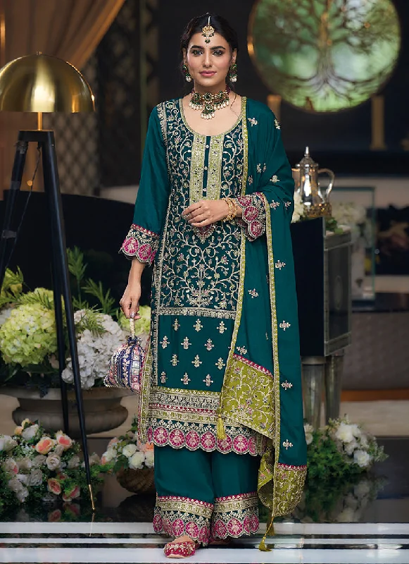 Great Bargains Peacock Green Multi Embroidery Traditional Palazzo Style Suit