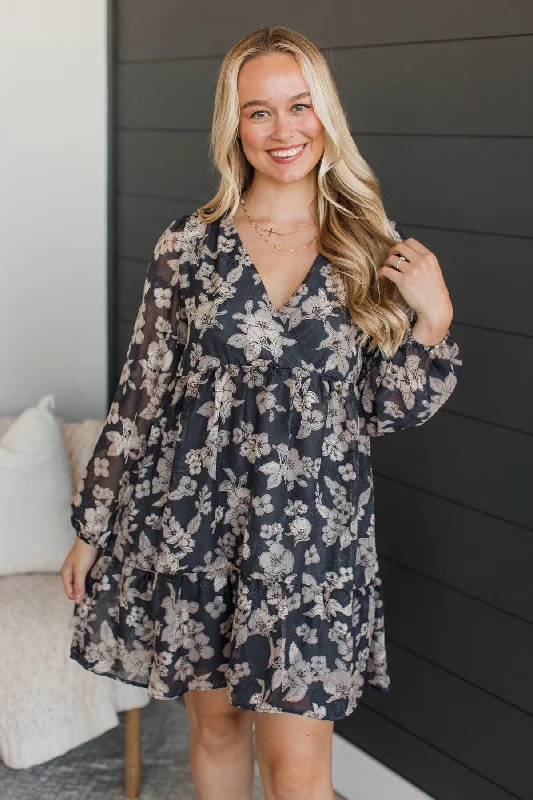 Act Now Feeling Affectionate Floral Dress- Charcoal