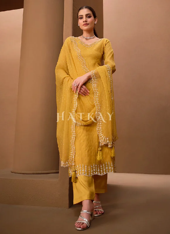 Exclusive Savings Golden Yellow Crystal Embroidered Pant Style Suit