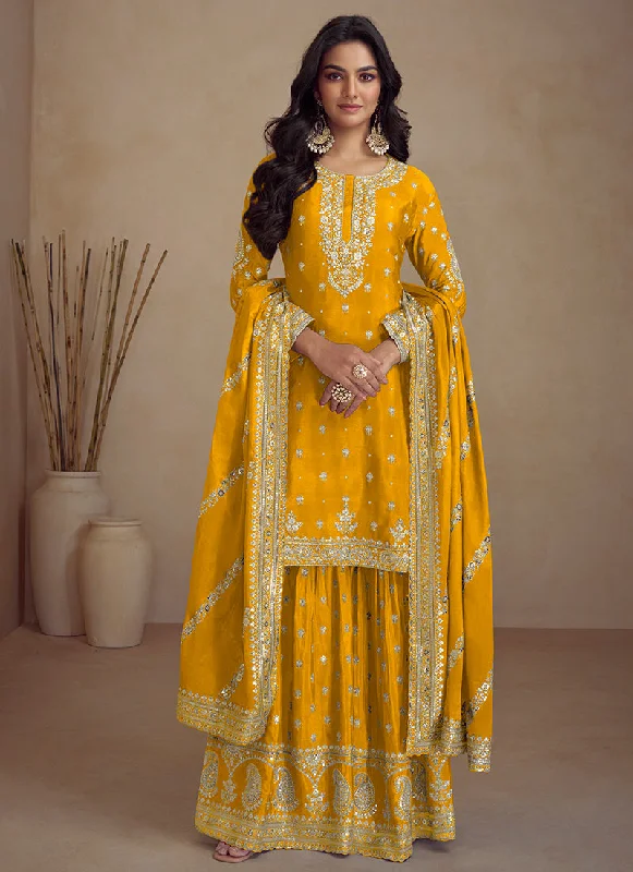 Discount Deals Yellow Embroidery Designer Sharara Suit