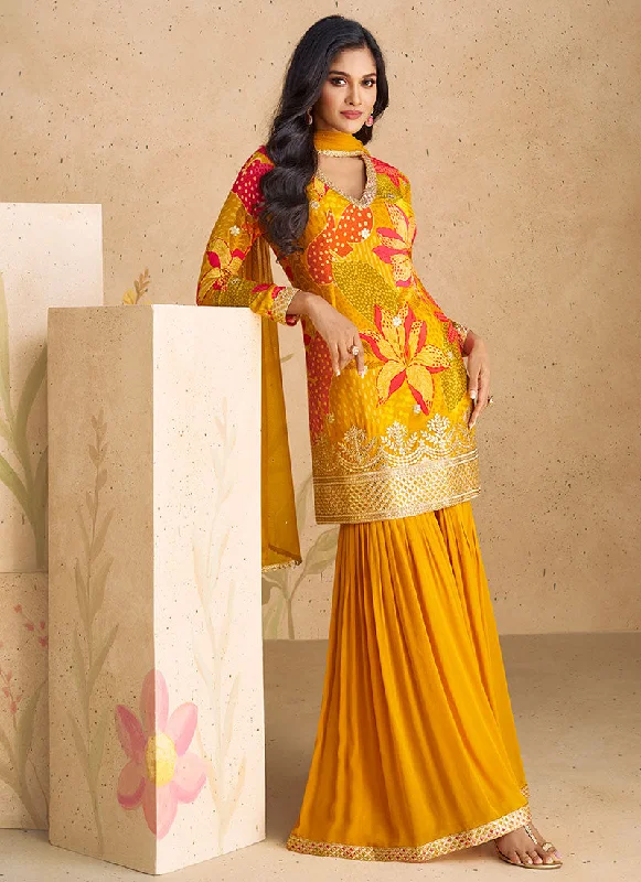 Golden Yellow Sequence Embroidery Printed Gharara Suit