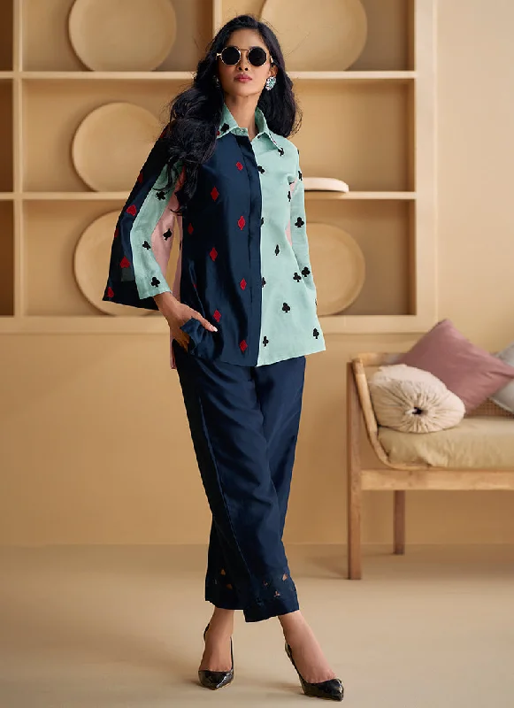 Weekend Deal Blue Two Tone Designer Embroidery Co-Ord Set
