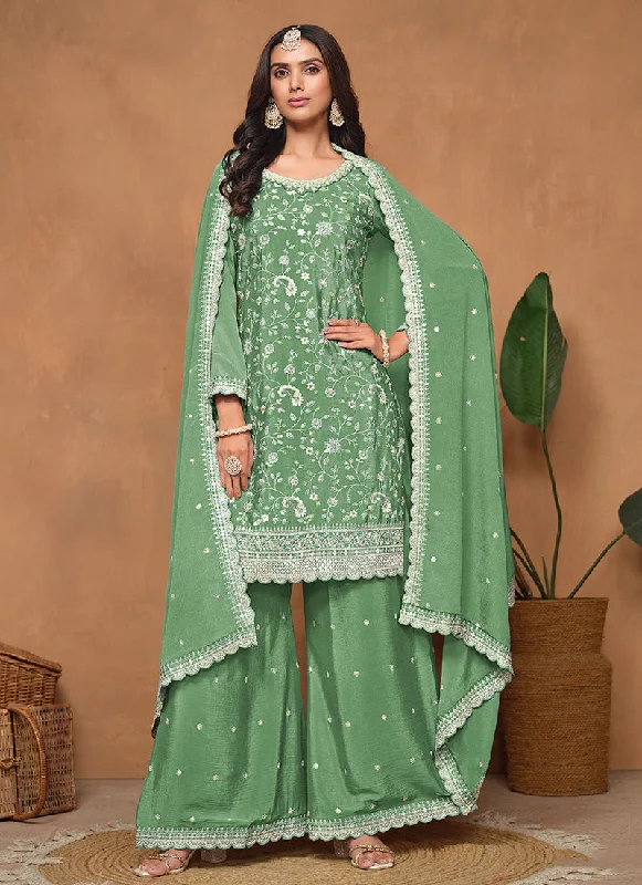 Unmissable Offer Mint Green Embroidery Festive Palazzo Suit